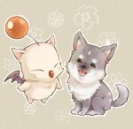  animal bat_wings brown_eyes closed_eyes creature dog final_fantasy final_fantasy_xvi flying full_body grey_background grey_fur moogle no_humans open_mouth puppy quichi_91 sitting torgal_(ff16) two-tone_fur white_fur wings wolf 