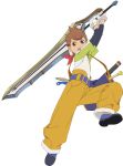  1boy brown_hair child english_commentary full_body gloves highres holding holding_sword holding_weapon karol_capel male_focus official_art open_mouth pants shoes solo sword tales_of_(series) tales_of_asteria tales_of_vesperia teeth upper_teeth_only weapon white_gloves 