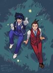  2boys :d ace_attorney antenna_hair apollo_justice aqua_necktie arms_at_sides black_hair blue_jacket blue_jumpsuit bracelet brown_footwear brown_hair buttons clay_terran clenched_teeth collared_jacket collared_shirt from_above gloves highres jacket jewelry jumpsuit lapel_pin lapels long_sleeves looking_at_viewer looking_up male_focus multiple_boys necktie on_grass open_clothes open_jacket pants pocket pointing pointing_at_viewer pointing_up pokeno255 red_pants red_suit red_vest shirt short_hair sitting sleeve_cuffs sleeves_rolled_up smile spiky_hair suit teeth translation_request twitter_username vest visor_cap white_footwear white_gloves white_shirt 