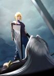  2boys bare_shoulders black_gloves black_jacket blonde_hair blue_eyes blue_pants blue_shirt blurry blurry_foreground cloud_strife clouds cloudy_sky eilinna final_fantasy final_fantasy_vii final_fantasy_vii_remake from_below fusion_swords gloves grey_hair hair_between_eyes holding holding_sword holding_weapon jacket long_hair lying male_focus masamune_(ff7) multiple_boys on_back outdoors pants parted_bangs planted planted_sword sephiroth shirt short_hair sky sleeveless sleeveless_turtleneck spiky_hair sword turtleneck weapon 