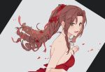  1girl aerith_gainsborough arashiko_falcom armlet bare_shoulders brown_hair commentary dress earrings final_fantasy final_fantasy_vii final_fantasy_vii_remake flamenco_dress flower gold_necklace green_eyes hair_flower hair_ornament hair_ribbon jewelry light_blush long_hair looking_at_viewer necklace official_alternate_costume open_mouth parted_bangs ponytail red_dress red_flower red_ribbon ribbon ringlets sidelocks smile solo star_(symbol) star_earrings strapless strapless_dress upper_body 