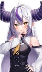  1girl :o ahoge ascot braid braided_bangs collared_dress demon_horns detached_sleeves dress grey_hair hair_between_eyes hand_on_own_hip highres hololive horns la+_darknesss la+_darknesss_(1st_costume) long_hair long_sleeves looking_at_viewer mop_sy multicolored_hair purple_hair simple_background sleeveless sleeveless_dress solo streaked_hair striped_horns v-shaped_eyebrows v_over_mouth virtual_youtuber white_background yellow_ascot yellow_eyes 