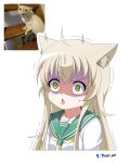  absurdres ahoge animal_ear_fluff animal_ears blonde_hair cat_ears cat_girl green_eyes green_sailor_collar highres motion_lines neckerchief nisp_art open_mouth original personification russian_commentary sailor_collar sidelocks surprised tongue tongue_out trembling watermark wide-eyed yellow_neckerchief 