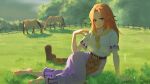  1girl barefoot blue_eyes boots boots_removed highres horse kureihii light_smile long_hair looking_at_viewer malon meadow nature on_grass orange_hair pelvic_curtain pointy_ears purple_skirt shirt short_sleeves sitting skirt solo the_legend_of_zelda the_legend_of_zelda:_ocarina_of_time white_shirt yokozuwari 