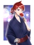  1boy border candy_apple character_print collarbone commentary_request cowlick crobat eating fireworks food hand_on_own_hip hand_up highres japanese_clothes kamicho_musharu kimono long_hair looking_at_viewer male_focus night open_mouth outdoors pokemon pokemon_(game) pokemon_hgss red_sash redhead sash silver_(pokemon) solo teeth tongue violet_eyes white_border yukata 