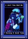  1990s_(style) 1boy 1girl age_difference alcohol blush boots cocktail_glass cup dark deltarune dithering drink drinking_glass fantasy framed glass high_heel_boots high_heels hug kris_(deltarune) lilian_duleroux onee-shota pixel_art queen queen_(deltarune) retro_artstyle smug thigh-highs 