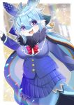  1girl :d animal_ear_fluff animal_ears arm_up black_gloves blazer blue_hair blue_jacket blue_skirt blurry blurry_background bow breasts commentary_request commission depth_of_field eyebrows_hidden_by_hair fangs fingerless_gloves furry furry_female gloves hair_between_eyes jacket kou_hiyoyo large_breasts long_sleeves looking_at_viewer original pleated_skirt red_bow school_uniform shirt short_eyebrows skeb_commission skirt smile solo star_(symbol) thick_eyebrows violet_eyes white_shirt 