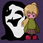  1girl blonde_hair blue_eyes brown_socks chibi cryptidhermit full_body green_sweater grey_skirt long_hair long_sleeves no_mouth no_nose poniko purple_background red_footwear simple_background skirt sleeves_past_fingers sleeves_past_wrists socks sweater uboa yume_nikki 