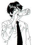  1boy bottle chromatic_aberration collared_shirt dress_shirt drinking greyscale hair_between_eyes holding holding_bottle kaneoya_sachiko looking_to_the_side male_focus messy_hair monochrome necktie original shirt short_hair solo sweat upper_body water_bottle 