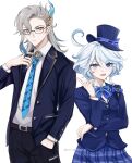  1boy 1girl :d absurdres alternate_costume aqua_hair belt black_pants blazer blue_bow blue_bowtie blue_eyes blue_necktie blue_skirt bow bowtie collared_shirt commentary contemporary crossed_arms english_commentary forehead furina_(genshin_impact) genshin_impact glasses grey_eyes grey_hair hair_between_eyes hair_ornament hat heterochromia highres index_finger_raised jacket long_hair long_sleeves looking_at_viewer mismatched_pupils necktie neuvillette_(genshin_impact) pants plaid plaid_skirt pleated_skirt scharamouch9 school_uniform shirt sidelocks simple_background skirt smile top_hat wavy_hair white_background 