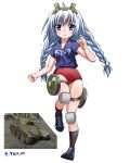  1girl absurdres ahoge blue_eyes blue_shirt braid bt-7 buruma clothes_writing headgear highres knee_pads low_twintails military_vehicle motor_vehicle nisp_art personification red_bloomers running russian_text shirt soviet_army tank thigh_strap twintails war_thunder watermark wheel white_hair 
