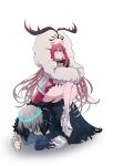  antlers baobhan_sith_(fate) baobhan_sith_(swimsuit_pretender)_(fate) cape cernunnos_(fate) character_hood clenched_hand commentary crown eye: fate/grand_order fate_(series) fur_trim grey_hair high_heels highres human_chair human_furniture long_hair medium_hair oberon_(fate) oberon_(third_ascension)_(fate) redhead sitting sitting_on_person 