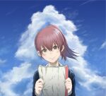  1girl absurdres black_jacket blue_sky brown_eyes brown_hair closed_mouth clouds cloudy_sky highres holding holding_notebook jacket koe_no_katachi long_hair long_sleeves looking_at_viewer nevoangelo_arm nishimiya_shouko notebook outdoors ponytail school_uniform sky smile solo upper_body 