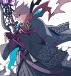  1boy adjusting_scarf ahoge belt_pouch black_cape black_eyes black_gloves black_hakama black_kimono cape colored_eyelashes fate/grand_order fate_(series) feet_out_of_frame fingerless_gloves floating_scarf flower_knot from_side gloves grey_hair hair_between_eyes hakama hand_on_hilt high_collar highres james_moriarty_(ruler)_(dream_portrait)_(fate) james_moriarty_(ruler)_(fate) japanese_clothes katana kimidorix32 kimono lightning_ahoge long_sleeves looking_ahead male_focus official_alternate_costume parted_lips pouch profile red_scarf scarf seigaiha sheath sheathed short_hair solo staff standing star_(symbol) sword two-sided_cape two-sided_fabric v-shaped_eyebrows weapon white_background wide_sleeves 