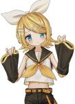  1girl :3 black_sailor_collar black_shorts blonde_hair blue_eyes blush bow commentary_request cowboy_shot detached_sleeves fang flipped_hair hair_bow hair_ornament hairclip hands_up head_tilt headphones highres kagamine_rin looking_at_viewer microphone midriff neko_yeye pinching_sleeves sailor_collar shirt short_hair shorts shoulder_tattoo simple_background sleeveless sleeveless_shirt solo straight-on swept_bangs tattoo treble_clef vocaloid white_background white_bow white_shirt wide_sleeves 