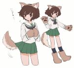  1girl akiyama_yukari animal_ears animal_hands black_neckerchief black_socks blouse brown_eyes brown_footwear brown_gloves brown_hair closed_mouth commentary cropped_legs dog_ears dog_tail fake_animal_ears fake_tail flying_sweatdrops girls_und_panzer gloves green_skirt kneehighs light_frown long_sleeves looking_at_viewer looking_to_the_side messy_hair miniskirt motion_lines multiple_views neckerchief ooarai_school_uniform own_hands_together paw_gloves paw_shoes pleated_skirt ri_(qrcode) sailor_collar school_uniform serafuku shirt short_hair simple_background skirt smile socks standing tail tail_wagging white_background white_sailor_collar white_shirt 