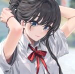  1girl adjusting_hair arms_up black_hair blue_eyes blurry blurry_background close-up closed_mouth collared_shirt hair_bun highres long_hair looking_at_viewer neck_ribbon ponkan_8 red_ribbon ribbon shirt solo white_shirt yahari_ore_no_seishun_lovecome_wa_machigatteiru. yukinoshita_yukino 