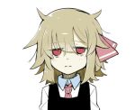  1girl bags_under_eyes blonde_hair closed_mouth collared_shirt disheveled empty_eyes hair_between_eyes hair_ribbon looking_at_viewer manekinekoppoi_inu medium_hair necktie red_eyes red_necktie red_ribbon ribbon rumia shirt simple_background touhou white_background white_shirt 