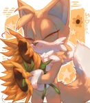  1boy animal_ears animal_nose artist_name closed_eyes closed_mouth commentary english_commentary flower fox_boy fox_ears fox_tail furry furry_male gloves highres male_focus multiple_tails orange_fur sadw_e simple_background smile sonic_(series) standing sunflower tail tails_(sonic) white_gloves 