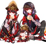  1boy 1girl :t baozi belt black_pants brother_and_sister earrings eating family_crest fate/grand_order fate_(series) food hat hi_(wshw5728) jacket jewelry katana long_hair long_sleeves military_hat necktie oda_nobukatsu_(fate) oda_nobunaga_(fate) oda_uri otoko_no_ko pants peaked_cap purple_jacket red_eyes red_footwear red_scarf scarf siblings simple_background single_earring smile sword twitter_username very_long_hair weapon white_background 