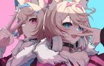  2girls :3 absurdres animal_ear_fluff animal_ears black_collar blonde_hair blue_background blue_eyes blue_hair blue_hairband collar dog_ears dog_girl fang fukuro_eito fur-trimmed_jacket fur_trim fuwawa_abyssgard gem hair_ornament hair_over_one_eye hairband headphones headphones_around_neck highres hololive hololive_english jacket long_hair looking_at_viewer mococo_abyssgard multicolored_hair multiple_girls open_mouth pink_background pink_eyes pink_hair pink_hairband siblings simple_background sisters smile streaked_hair twins two-tone_background v virtual_youtuber 