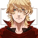  1boy black_jacket blonde_hair blue_eyes character_name closed_mouth collarbone final_fantasy final_fantasy_xvi frown furrowed_brow hair_between_eyes hiryuu_(kugelcruor) jacket joshua_rosfield male_focus medium_hair portrait red_scarf scarf solo upper_body wavy_hair white_background 