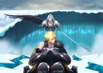  2boys aqua_eyes armor black_gloves black_jacket black_shirt black_wings blonde_hair blurry blurry_background chest_strap cloud_strife collarbone eilinna feathered_wings final_fantasy final_fantasy_vii final_fantasy_vii_advent_children flying gloves grey_hair hair_between_eyes holding holding_sword holding_weapon jacket long_bangs long_hair looking_back male_focus masamune_(ff7) multiple_boys on_motorcycle outdoors parted_bangs parted_lips popped_collar sephiroth shirt short_hair shoulder_armor single_bare_shoulder single_wing spiky_hair sword waves weapon wings 