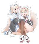  2girls animal_ears aquarake collar dog_ears dog_tail fangs fishnets fuwawa_abyssgard highres hololive hololive_english mococo_abyssgard multiple_girls non-web_source perroccino_(fuwamoco) shoes siblings sneakers tail thigh-highs thighs twins 