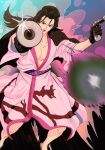  1boy black_hair dual_wielding feet_out_of_frame foreshortening frown gun highres holding holding_gun holding_weapon izou_(one_piece) japanese_clothes kimono long_hair looking_at_viewer male_focus nok_(nok_1) one_piece open_clothes open_kimono pectoral_cleavage pectorals pink_kimono pointing_weapon red_lips serious solo weapon 