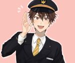  1boy brown_eyes brown_hair character_name collared_shirt diagonal-striped_necktie ensemble_stars! hand_up hat highres lapels long_hair looking_at_viewer male_focus morisawa_chiaki naihowda name_tag necktie notched_lapels notice_lines open_mouth pink_background police_hat shirt simple_background solo teeth upper_body upper_teeth_only very_long_hair white_shirt yellow_necktie 