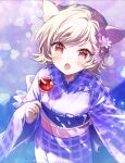  1girl :o animal_ears blonde_hair blue_kimono candy_apple cat_ears cat_girl fang flower food hair_flower hair_ornament japanese_clothes kimono light_particles long_sleeves open_mouth original plaid_kimono red_eyes sakuro sash short_hair skin_fang standing wide_sleeves yukata 