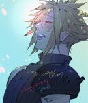  1boy armor blonde_hair blue_background blue_shirt blush character_name closed_eyes cloud_strife dated final_fantasy final_fantasy_vii hair_between_eyes happy_birthday laughing male_focus open_mouth shirt short_hair shoulder_armor signature sketch sleeveless sleeveless_turtleneck smile solo spiky_hair turtleneck upper_body wakakusa-e 