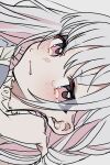  1girl blush close-up closed_mouth hand_on_own_shoulder highres long_hair looking_at_viewer original pink_eyes scared solo translucent_hair white_hair yuuki_hajime 