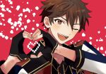  1boy black_gloves blush brown_eyes brown_hair commentary_request ensemble_stars! fingerless_gloves fingernails gloves heart heart_hands long_sleeves looking_at_viewer male_focus morisawa_chiaki nago_0313 one_eye_closed open_mouth short_hair smile solo teeth upper_body upper_teeth_only 