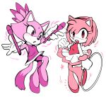 2girls amy_rose animal_ears bike_shorts blaze_the_cat blush cat_ears cat_girl cat_tail dancing dress eyelashes furry furry_female gloves hairband hedgehog_girl highres looking_at_viewer mario_&amp;_sonic_at_the_olympic_games multiple_girls open_mouth pink_fur ponytail purple_fur short_dress smile sonic_(series) super_mario_bros. tail tory_(tory29) white_background 