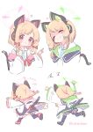  2girls anger_vein animal_ear_headphones animal_ears aqua_necktie black_thighhighs blonde_hair blue_archive blush bow cat_tail closed_mouth collared_shirt fake_animal_ears false_smile flying_sweatdrops green_bow green_halo hair_bow halo headphones highres jacket long_sleeves midori_(blue_archive) momoi_(blue_archive) multiple_girls necktie open_clothes open_jacket pink_halo red_bow redhead ruten_(onakasukusuku) shaded_face shirt short_hair siblings simple_background sisters smile tail thigh-highs twintails twitter_username white_background white_jacket white_shirt 