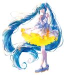  1girl absurdly_long_hair aqua_nails arm_tattoo bare_shoulders blue_eyes blue_hair bow crying crying_with_eyes_open dress footwear_bow hair_between_eyes hands_on_own_chest hatsune_miku highres layered_dress long_hair looking_at_viewer smile solo standing tattoo tears twintails two-tone_dress very_long_hair vocaloid white_background white_dress white_footwear 