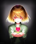  1other androgynous artist_name black_background bob_cut brown_hair chara_(undertale) constricted_pupils dark eyelashes floating floating_hair floating_object frisk_(undertale) glowing glowing_eyes gradient_background green_sweater grey_background hair_spread_out heart highres long_sleeves looking_at_viewer loose_hair_strand own_hands_together parted_lips pixel_art reaching reaching_towards_viewer red_eyes shaded_face short_hair signature single_horizontal_stripe smile solo standing sweater turtleneck turtleneck_sweater twitter_username two-tone_sweater undertale yellow_sweater yuupontan. 