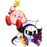 1boy 1other :d armor armored_boots black_cape blue_eyes blush blush_stickers boots cape closed_mouth happy holding holding_sword holding_weapon kirby kirby_(series) lowres mask meta_knight multiple_boys no_humans purple_cape purple_footwear simple_background smile sword tokuura wand weapon white_background