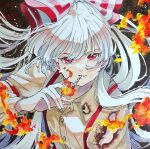  1girl bow burnt_clothes buttons cigarette collared_shirt fire fujiwara_no_mokou grey_hair hair_bow long_hair looking_at_viewer mokoiscat red_eyes shirt smoking solo touhou upper_body white_bow white_shirt 