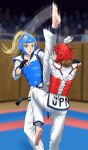  2girls barefoot blue_headwear chest_guard dougi high_kick kicking multiple_girls nigou red_headwear sparring taekwondo 