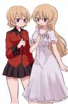  1girl 2girls alternate_hairstyle black_skirt blonde_hair blue_eyes braid closed_mouth commentary darjeeling_(girls_und_panzer) dual_persona girls_und_panzer hair_down jacket long_sleeves looking_at_viewer military_uniform miniskirt multiple_girls nightgown open_mouth pleated_skirt red_jacket ri_(qrcode) short_hair short_sleeves simple_background skirt sleepwear smile solo st._gloriana&#039;s_military_uniform standing twin_braids uniform white_background white_nightgown 