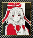  bow dress frilled_bow frilled_ribbon frills front_ponytail hair_bobbles hair_bow hair_ornament hair_ribbon highres kageharu kagiyama_hina painting_(medium) red_dress red_eyes ribbon smile touhou traditional_media 