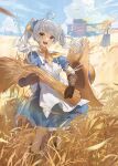  1girl :d ahoge apron blue_dress brown_gloves clouds day dress farm field gloves hat hat_removed headwear_removed highres house looking_at_viewer neck_ribbon open_mouth original outdoors ribbon scarecrow sky smile solo standing straw_hat tractor ttk_(kirinottk) twintails wheat wheat_field white_apron white_hair windmill yellow_eyes yellow_ribbon 