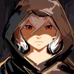  1other absurdres androgynous black_hood colored_eyelashes commentary frown hair_between_eyes highres hood original other_focus portrait red_eyes ronillust shaded_face solo white_hair 