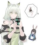  1other 3girls ambience_synesthesia amiya_(arknights) animal_ear_fluff animal_ears arknights ascot bare_shoulders black_jacket blue_ascot brown_hair card cat_ears cat_girl closed_eyes closed_mouth criss-cross_halter detached_collar doctor_(arknights) dress empty_eyes green_dress green_eyes grey_hair hair_between_eyes hair_intakes halterneck highres holding holding_card jacket joker_(card) kal&#039;tsit_(arknights) long_hair mebe_(teadia_violet) medium_hair multiple_girls no_pupils off-shoulder_jacket off_shoulder oripathy_lesion_(arknights) parted_lips playing_card rabbit_ears rabbit_girl shirt simple_background smile spoken_object sweat upper_body w_(arknights) white_background white_shirt 