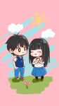  1boy 1girl :d absurdres animal black_eyes black_hair black_socks blue_pants blue_skirt blue_sweater_vest blush bow bowtie bright_pupils brown_footwear chibi closed_eyes closed_mouth clouds collared_shirt commentary_request day dog facing_another full_body grass hands_on_own_hips happy haru_(ahnu.bis) highres holding holding_animal holding_dog kazehaya_shouta kimi_ni_todoke kuronuma_sawako light_blue_background long_hair looking_at_another on_grass open_mouth outdoors pants pink_background pleated_skirt puppy red_bow red_bowtie red_footwear school_uniform shadow shirt shoes short_hair short_sleeves skirt smile socks standing summer_uniform sun sweater_vest two-tone_footwear untucked_shirt v-neck white_footwear white_pupils white_shirt 