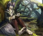  1boy animal_ears animal_nose artist_name book commentary commentary_request commission english_commentary furry furry_male male_focus mixed-language_commentary on_ground original outdoors scenery sitting solo tail two-tone_fur wintom wolf_boy 