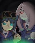  2girls blue_eyes blue_hair closed_mouth commentary_request constanze_amalie_von_braunschbank-albrechtsberger dark_background eyeshadow eyewear_on_head glowing glowing_eyes goggles hair_over_one_eye half-closed_eye holding holding_wrench kasugaichan light_blush little_witch_academia long_hair luna_nova_school_uniform makeup multiple_girls pink_hair pouring red_eyes robe school_uniform short_hair smile sucy_manbavaran test_tube wrench 