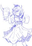  1girl ahoge animal_ears apron bird_ears bird_wings cup dress fang feet_out_of_frame hat highres holding holding_cup mystia_lorelei one_eye_closed open_mouth short_hair short_sleeves simple_background sketch skin_fang smile solo tatutaniyuuto touhou unfinished white_background wings 